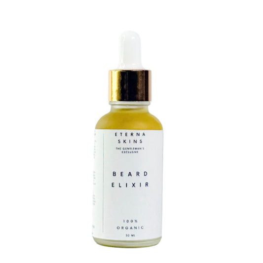 Bottle of Eterna skins Beard Elixir on a white background
